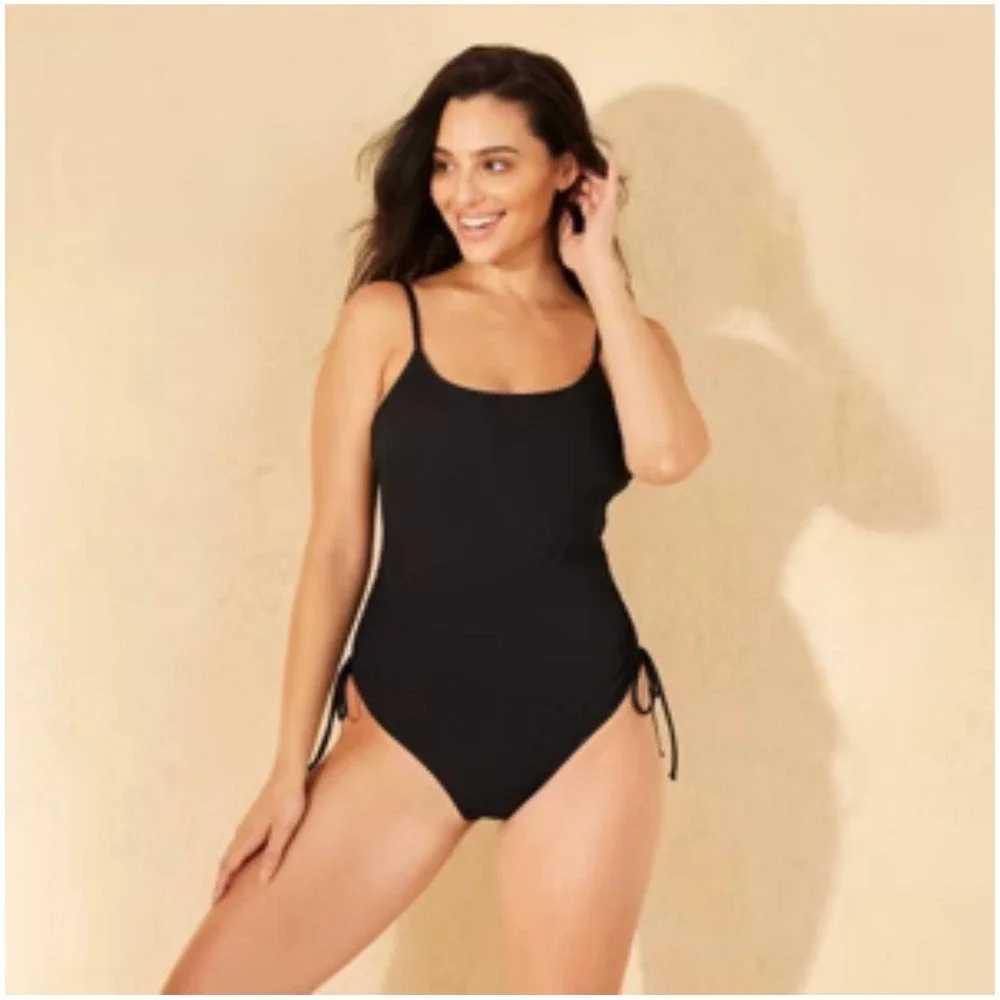 Shade & Shore Black Ribbed One Piece Swimsuit Side Cinch Size 14 NWT